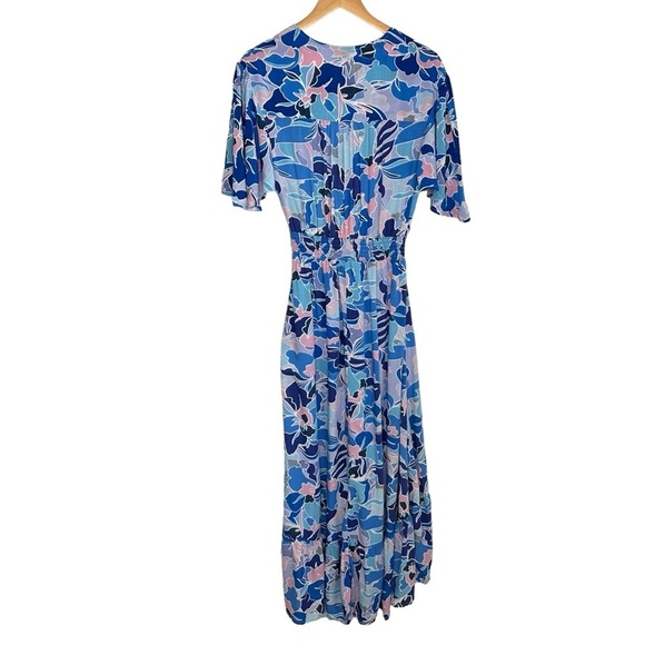 Abel the Label Womens Floral High Low Midi Dress Sz Medium Blue Flutter Sleeve - Picture 2 of 10
